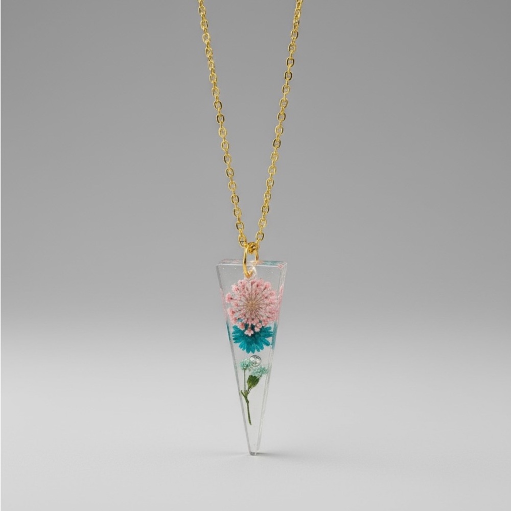 Handmade 18k Gold Plated Floral Resin Necklace | Triangle Blue & Pink